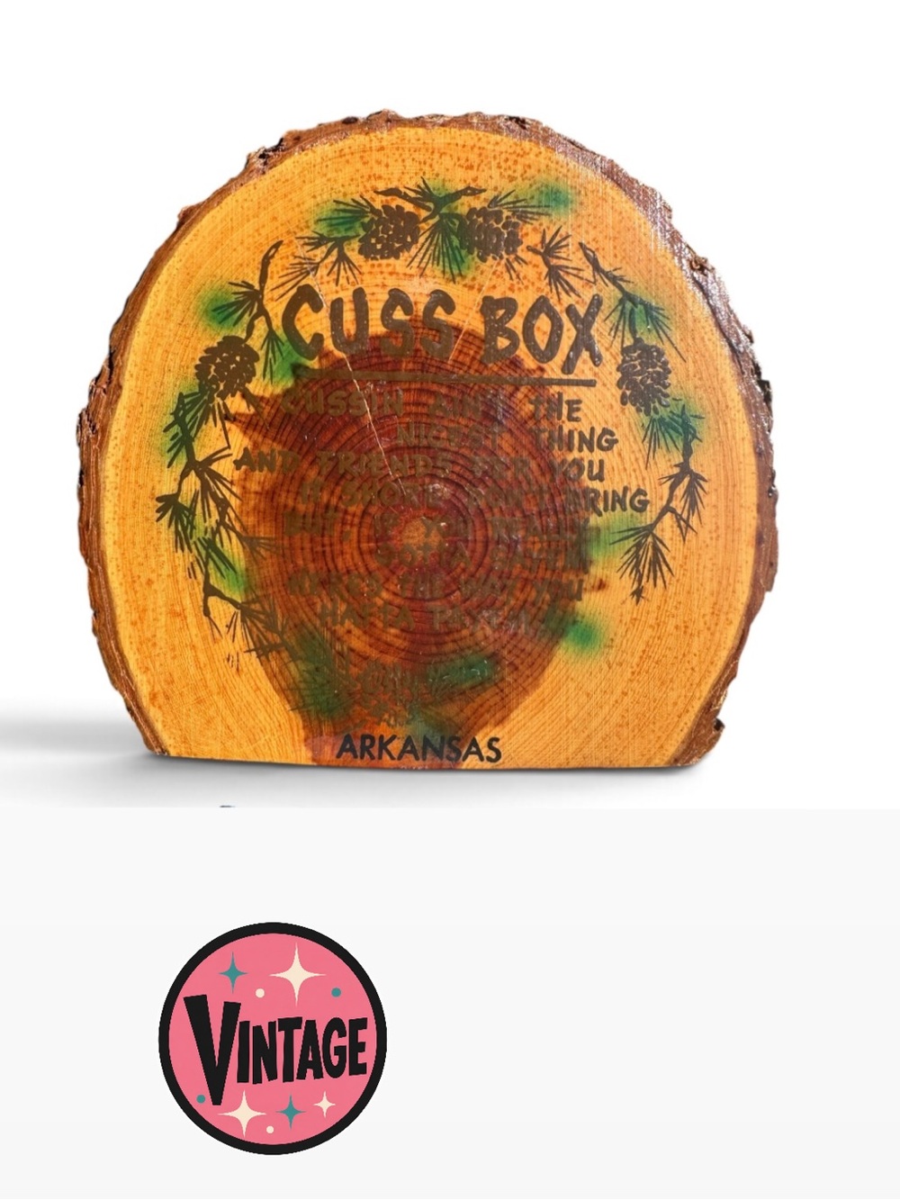 Vintage Arkansas Wooden Cuss Box Coin Bank • Retro Live Edge Novelty Swear Jar